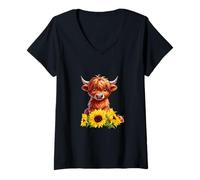 Donna Girasole Highland Mucca - -Bestiame - Azienda agricola - Allevamento bovino Maglietta con Collo a V