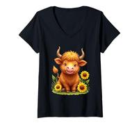 Donna Girasole Highland Mucca - -Bestiame - Azienda agricola - Allevamento bovino Maglietta con Collo a V