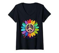 Donna Girasole LGBTQ Arcobaleno Pace Sign Pride Retro Hippie 70s Maglietta con Collo a V