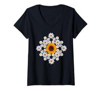 Donna Girasole Margherita Rombus Geometria Floreale Mandala Forme Mania Maglietta con Collo a V