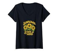 Donna Girasole Stato d'animo Luminoso Floreale Natura Sole Umore Maglietta con Collo a V