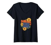 Donna Girasole Stato d'animo Luminoso Floreale Natura Sole Umore Maglietta con Collo a V