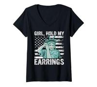 Donna Girl Hold My Earrings Statua della Libertà Bandiera USA Meme divertente Maglietta con Collo a V