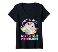 Donna Girl Loves Dinosaurs Science Museum Kid Viola Rosa Compleanno Maglietta con Collo a V