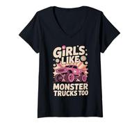 Donna Girls Like Monster Trucks Too - Cute Pink Power Art Maglietta con Collo a V