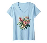 Donna Giugno Nascita Fiore Caprifoglio Botanico Bloom Maglietta con Collo a V