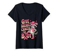 Donna Give Breast Cancer The Boot Awareness Feral Ribbon Maglietta con Collo a V