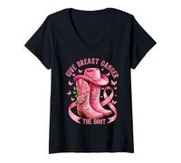 Donna Give Breast Cancer The Boot Cowgirl Cancer Awareness Ribbon Maglietta con Collo a V