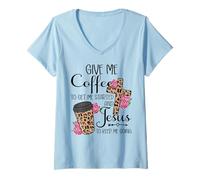 Donna Give Me Coffee To Get Me Started And Jesus To Keep Me Going Maglietta con Collo a V
