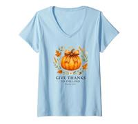 Donna Give Thanks to The Lord Psalm 136:1 Pumpkin Wreath Maglietta con Collo a V