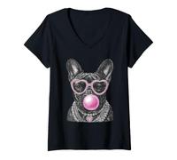 Donna Glam Bulldog Francese in Occhiali da Sole Boujee Dog con Gomma da Masticare Maglietta con Collo a V