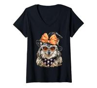 Donna Glam Lupo con Perle Occhiali da Sole Boujee Animal Halloween Maglietta con Collo a V