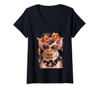 Donna Glam Pig con Perle Occhiali da Sole Boujee Animal Halloween Maglietta con Collo a V