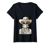 Donna Glam Skeleton con Cappello da Cowboy Gotico Occidentale Halloween Maglietta con Collo a V