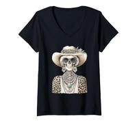 Donna Glam Skeleton con Cappello da Cowboy Gotico Occidentale Halloween Maglietta con Collo a V