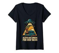 Donna Gli Alieni Stanno arrivando per Il Nostro Umorismo UFO Tacos Maglietta con Collo a V