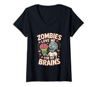 Donna Gli zombi mi amano per il mio cervello Halloween Maglietta con Collo a V