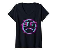 Donna Glitch Sad Face Digital Art Vaporwave Cultura Cyber Maglietta con Collo a V