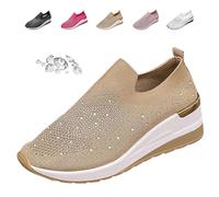 Donna Glittery Rhinestone Fashion Breathable Wedge Sneakers, Summer Butterfly Bling Sneakers Sparkly Mesh Slip-on Walking Sneaker, beige., 40 EU