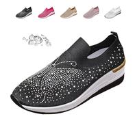 Donna Glittery Rhinestone Fashion Breathable Wedge Sneakers, Summer Butterfly Bling Sneakers Sparkly Mesh Slip-on Walking Sneaker, Nero , 40 EU