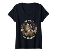 Donna Go Away I'm Reading Librarian Skeleton Reading Book Lover Maglietta con Collo a V