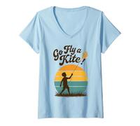 Donna Go Fly a Kite Retro Tramonto Bambino Volare Aquilone Scena Art Maglietta con Collo a V