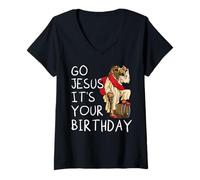 Donna Go Jesus Birthday Team Gesù Natale Divertente Maglietta con Collo a V