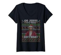 Donna Go Jesus It's Your Birthday Funny Christian Brutto Natale Maglietta con Collo a V