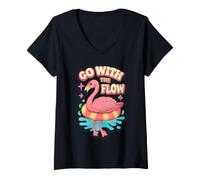 Donna Go with The Flow Flamingo Pool Float Retro Summer Beach Maglietta con Collo a V