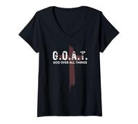 Donna Goat God Over all Things Christian Red Cross Design G.O.A.T. Maglietta con Collo a V
