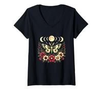 Donna Goblincore Falena E Farfalla Fasi Lunari Fiori Cottagecore Maglietta con Collo a V