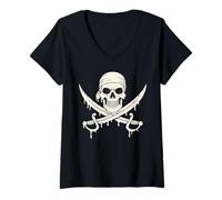 Donna Gocciolante Skull Spade Scheletro Jolly Roger Bandiera Pirati Maglietta con Collo a V