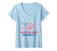 Donna God Bless America 4 luglio USA Maglietta con Collo a V