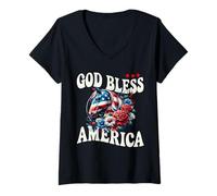 Donna God Bless America - Bandiera con Cavallo Floreale Patriottico Maglietta con Collo a V