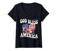 Donna God Bless America - Bandiera patriottica con Cuore Floreale Maglietta con Collo a V