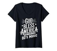 Donna God Bless America E 80s Musica retrò Divertente Tipografia Desig Maglietta con Collo a V