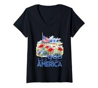 Donna God Bless America Graziosi campi Floreali e Bandiera patriottica Maglietta con Collo a V