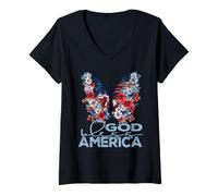 Donna God Bless America, Grazioso Motivo Floreale con Farfalla patriottica Maglietta con Collo a V