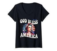 Donna God Bless America Pretty Retro Donna con Bandiera Patriottica Maglietta con Collo a V