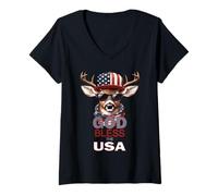 Donna God Bless The USA Divertente Patriottico Cool Deer Buck in Cappello Maglietta con Collo a V