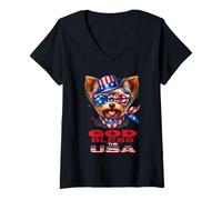 Donna God Bless The USA - Simpatico Cane Patriottico con Cappello e Bandiera Maglietta con Collo a V