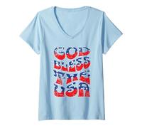 Donna God Bless The USA, Stile Patriottico, Stile retrò, Design Invecchiato Maglietta con Collo a V