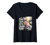 Donna God Can Judge Me Preghiera Mani Chicano Tattoo Doves Maglietta con Collo a V