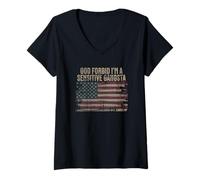 Donna God Forbid I'm A Sensitive Gangsta Bandiera Americana Divertente Maglietta con Collo a V