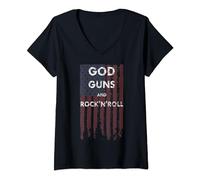 Donna God Guns Rock n' Roll - Maglietta con bandiera americana secondo emendamento Maglietta con Collo a V