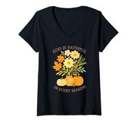 Donna God Is Faithful in Every Season Watercolor Fall Pumpkins Maglietta con Collo a V