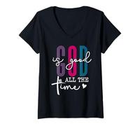 Donna God is Good all The Time Pink Christian Bible Verse Jesus Maglietta con Collo a V