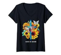 Donna God is good Croce Girasoli Farfalle Cristiane Maglietta con Collo a V
