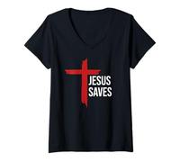 Donna God Jesus Saves Sign Cross Christian Minimal Religious Faith Maglietta con Collo a V