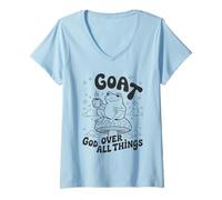Donna God Over all Things - Vintage Frog Grafica Christian Faith Maglietta con Collo a V